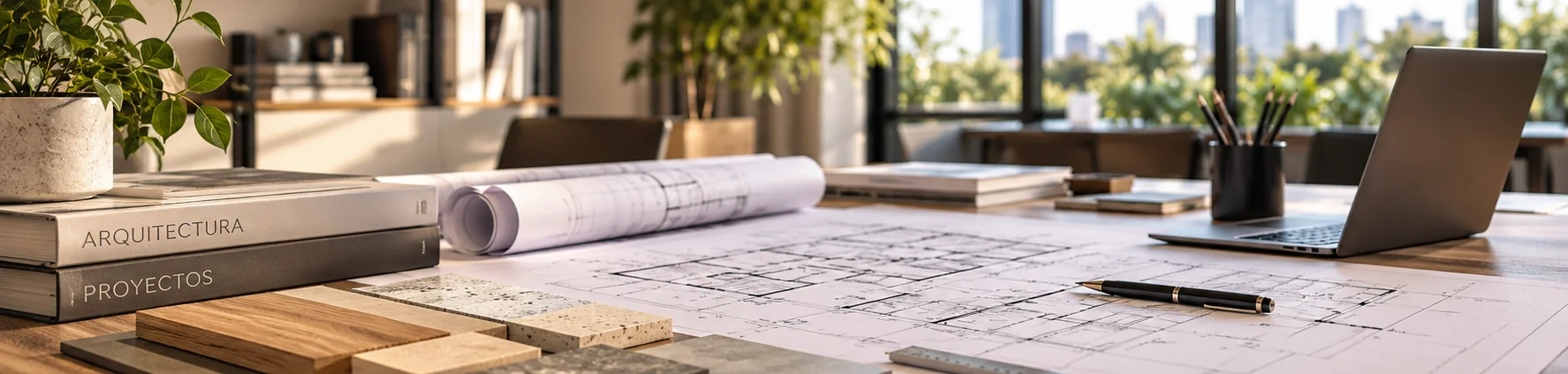 Espacio de trabajo de arquitectura con planos y materiales